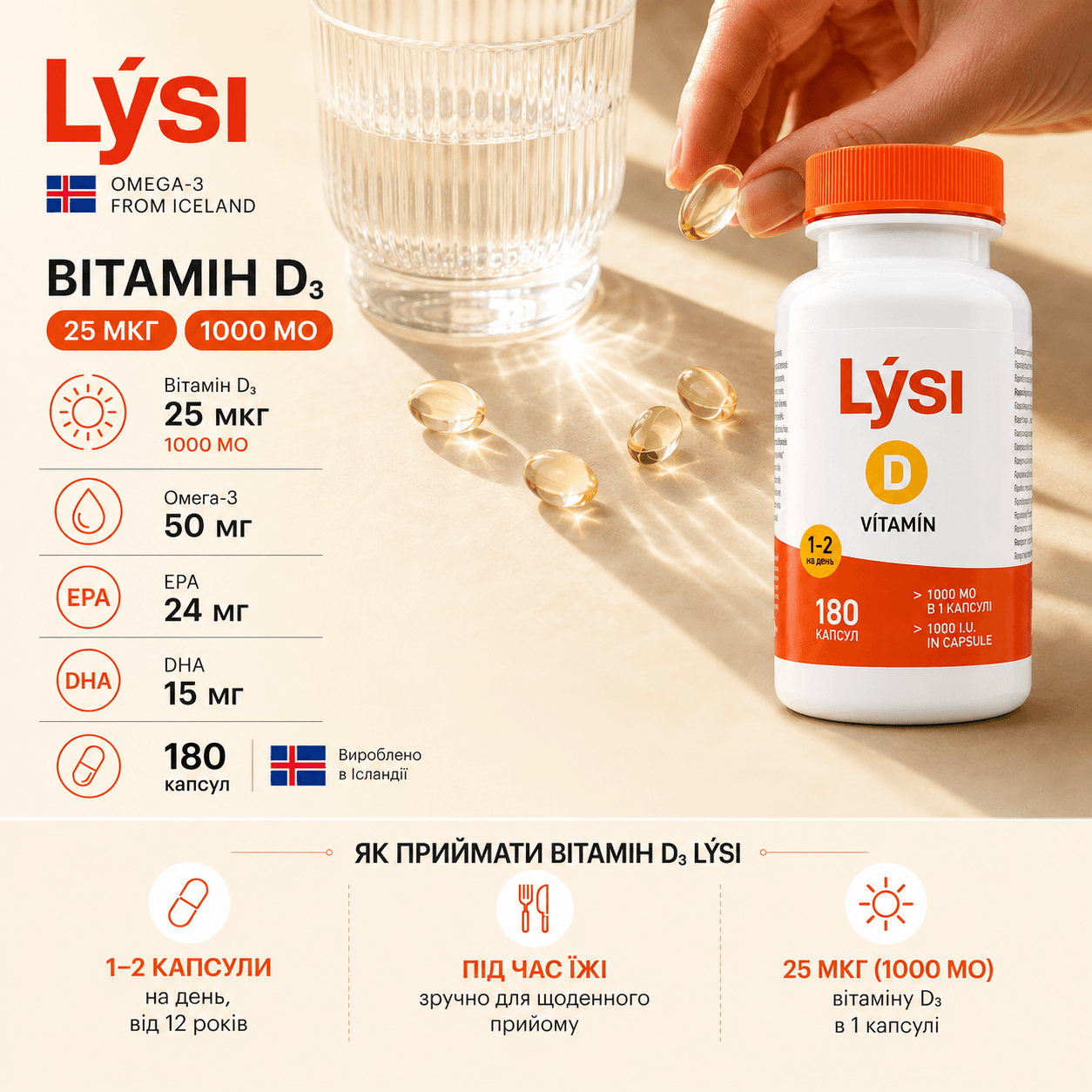 Lysi vitamins Вітамін D3 Lysi 1000 МО (25 мкг) з Омега-3, 180 капсул - Зображення 2